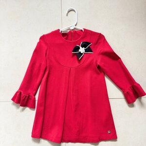 Red Long Sleeve Girls Dress with Bow Accent